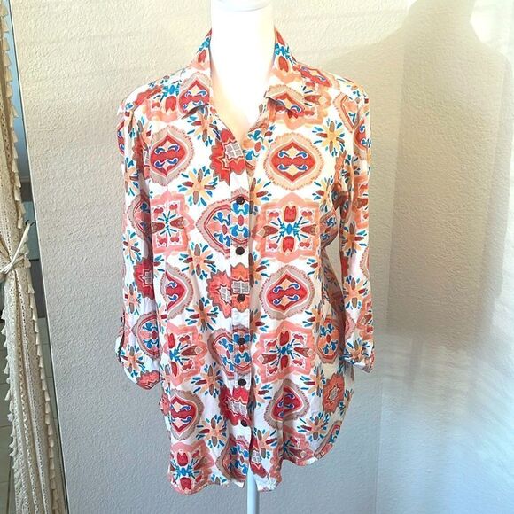Allison Daley V-neck Button Down Ladies Top with Roll Tab Sleeves ~ Size Small - Picture 1 of 6